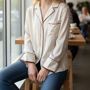 FRAME 100% Silk Button Down Blouse L Spice Multi Striped NWOT